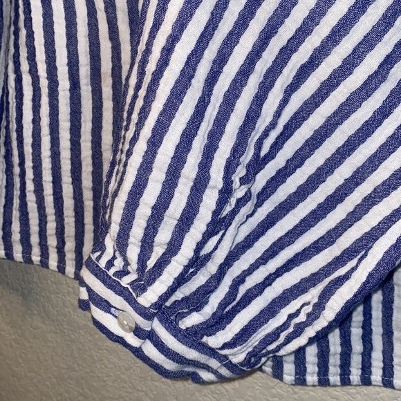 gauze boyfriend waffle striped long sleeve button M women blouse shirt - Picture 5 of 7